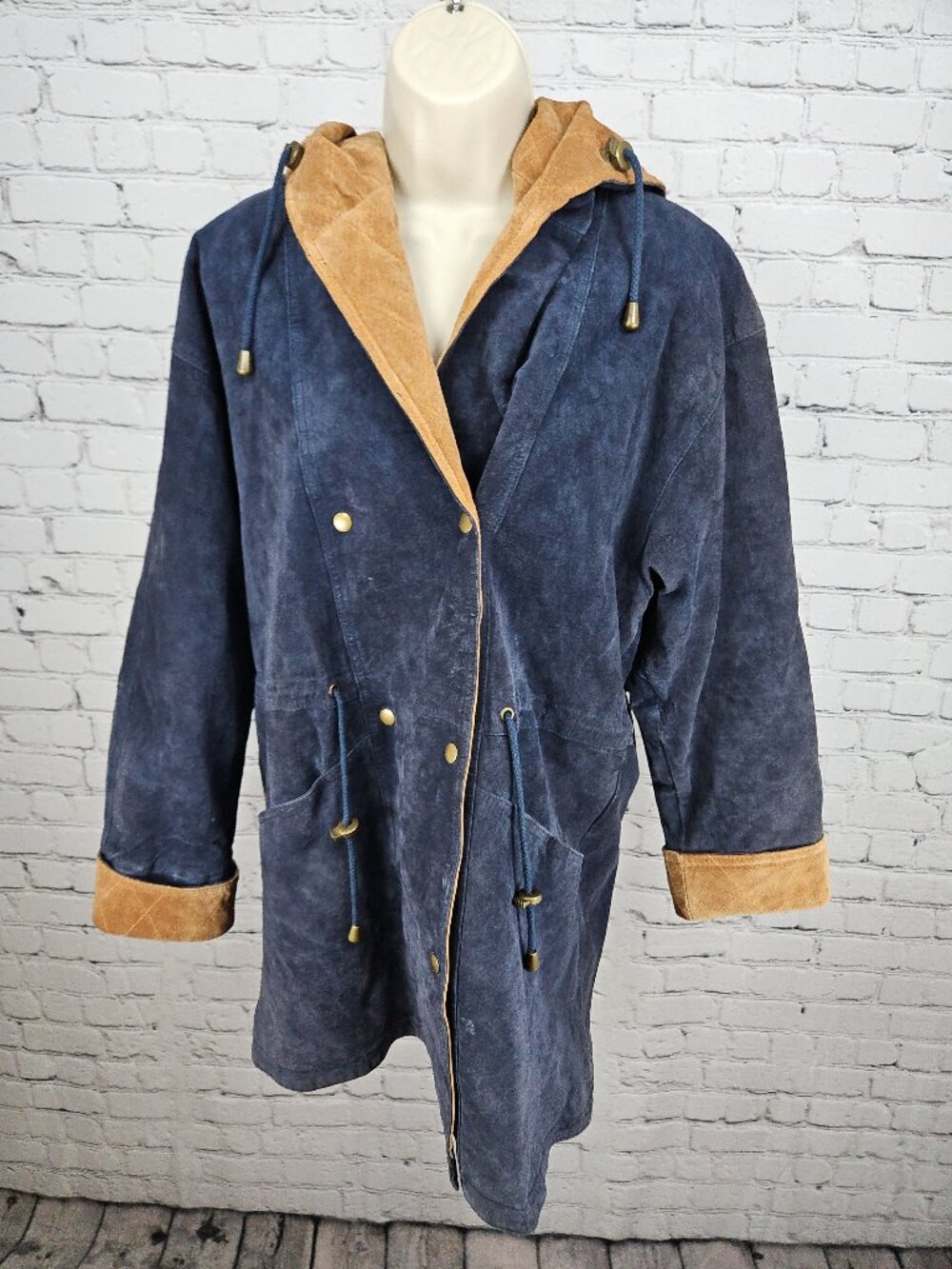 VTG BB Dakota Navy Suede Leather Hooded Drawstring Parka Jacket Womens M